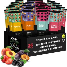 ZEST Delites Snacks van fruitleer, glutenvrije veganistische gezonde snacks voor volwassenen en kinderen, snackpakket in bulk, 0,88 oz (pak van 36) aardbeien-, braambessen-, abrikozen- en pruimenrepen