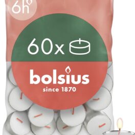 Bolsius D-light Theelichtjes, 60 stuks, in zak, lengte brandduur 6 uur, decoratieve huishoudelijke kaarsen, wit, bevat natuurlijke plantenwas, zonder palmolie